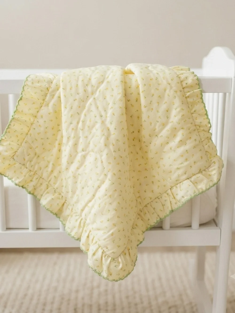 Vintage Yellow Quilted Baby Blanket Ruffle Edge Green Trim Calico Floral Print